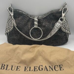 Blue Elegance Glam Snakeskin Snake Accent Leather Embossed Hobo Shoulder Bag